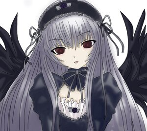 Rating: Safe Score: 0 Tags: 1girl black_dress black_ribbon black_wings detached_collar dress feathered_wings flower hairband image long_hair long_sleeves looking_at_viewer ribbon rose silver_hair simple_background solo suigintou upper_body white_background wings User: admin