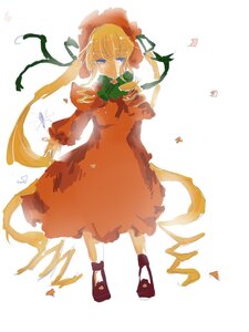 Rating: Safe Score: 0 Tags: 1girl blonde_hair blue_eyes bonnet bow dress flower full_body image long_hair long_sleeves red_dress shinku solo striped white_background User: admin