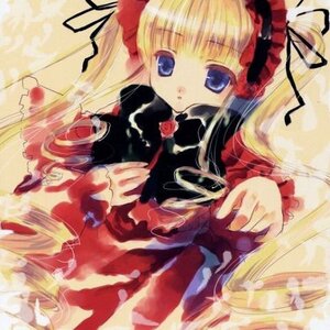 Rating: Safe Score: 0 Tags: 1girl blonde_hair blue_eyes bonnet bow dress flower frills image long_hair long_sleeves looking_at_viewer red_dress rose shinku solo User: admin