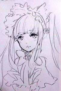 Rating: Safe Score: 0 Tags: 1girl bangs bow closed_mouth dress flower frills image long_hair looking_at_viewer monochrome rose shinku solo traditional_media upper_body User: admin