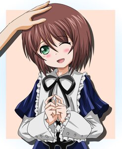 Rating: Safe Score: 0 Tags: ;d blush brown_hair dress green_eyes image long_sleeves one_eye_closed open_mouth out_of_frame short_hair smile solo solo_focus souseiseki striped striped_background vertical_stripes User: admin