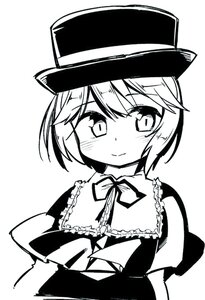 Rating: Safe Score: 0 Tags: 1girl blush capelet closed_mouth eyebrows_visible_through_hair greyscale hat image looking_at_viewer monochrome short_hair smile solo souseiseki upper_body white_background User: admin