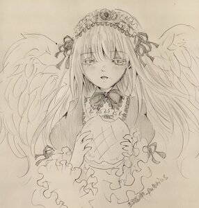 Rating: Safe Score: 0 Tags: 1girl bangs blush dress eyebrows_visible_through_hair feathered_wings flower frills hairband holding image long_hair long_sleeves looking_at_viewer monochrome rose solo suigintou tears traditional_media very_long_hair wings User: admin