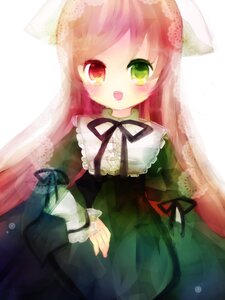 Rating: Safe Score: 0 Tags: 1girl :d dress frills green_dress green_eyes heterochromia image long_hair long_sleeves looking_at_viewer open_mouth red_eyes smile solo suiseiseki very_long_hair white_background User: admin