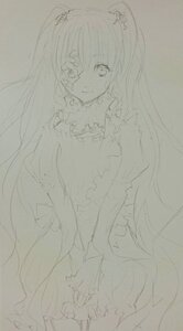 Rating: Safe Score: 0 Tags: 1girl dress elbow_gloves frills gloves greyscale hair_ornament image kirakishou lineart long_hair monochrome sketch smile solo torn_clothes traditional_media two_side_up User: admin