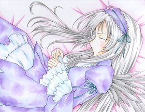 Rating: Safe Score: 0 Tags: 1girl bed_sheet black_wings blush closed_eyes dress frilled_sleeves frills hairband image juliet_sleeves long_hair long_sleeves lying profile puffy_sleeves ribbon silver_hair sleeping solo suigintou traditional_media wings User: admin