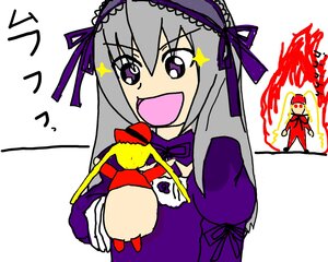 Rating: Safe Score: 0 Tags: 1girl dress food hairband image lolita_hairband long_hair long_sleeves open_mouth pair puffy_sleeves purple_eyes shinku silver_hair simple_background smile sparkle suigintou white_background User: admin