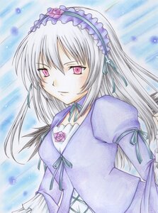 Rating: Safe Score: 0 Tags: 1girl bangs closed_mouth dress flower frills hairband image long_hair long_sleeves looking_at_viewer pink_eyes puffy_sleeves ribbon silver_hair solo suigintou traditional_media wings User: admin