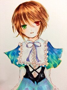 Rating: Safe Score: 0 Tags: 1girl blue_dress brown_hair capelet dress frills green_eyes hariruri heterochromia image long_sleeves looking_at_viewer neck_ribbon red_eyes ribbon short_hair simple_background smile solo souseiseki traditional_media watercolor_(medium) User: admin