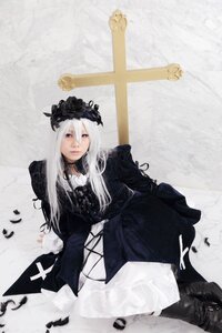 Rating: Safe Score: 0 Tags: 1girl boots dress gothic_lolita lolita_fashion long_hair long_sleeves sitting solo suigintou white_hair User: admin