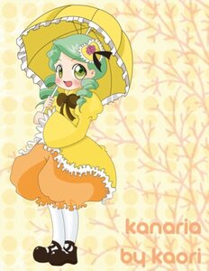 Rating: Safe Score: 0 Tags: 1girl blush dress drill_hair full_body green_eyes green_hair hair_ornament holding_umbrella image kanaria long_sleeves open_mouth parasol smile solo standing twin_drills umbrella yellow_background User: admin