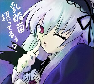 Rating: Safe Score: 0 Tags: 1girl black_ribbon dress flower frills hair_ribbon hairband image index_finger_raised long_hair long_sleeves one_eye_closed ribbon rose silver_hair solo suigintou User: admin