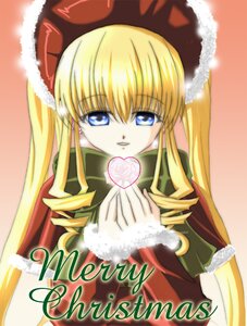 Rating: Safe Score: 0 Tags: 1girl blonde_hair blue_eyes christmas drill_hair hat image long_hair long_sleeves looking_at_viewer merry_christmas santa_costume shinku simple_background solo twin_drills twintails upper_body User: admin