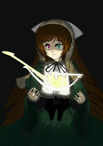 Rating: Safe Score: 0 Tags: 1girl brown_hair dress frills green_dress heterochromia holding image long_hair long_sleeves red_eyes scissors simple_background solo suiseiseki very_long_hair User: admin