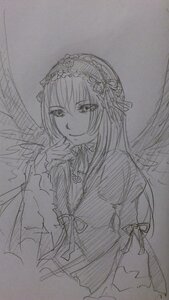 Rating: Safe Score: 0 Tags: 1girl dress feathered_wings greyscale hairband image long_hair long_sleeves looking_at_viewer monochrome ribbon simple_background sketch smile solo suigintou traditional_media upper_body wings User: admin