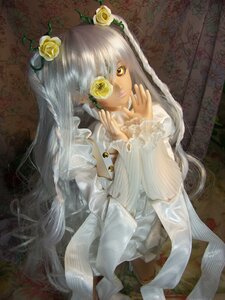 Rating: Safe Score: 0 Tags: 1girl doll dress eyepatch flower frills hair_flower hair_ornament kirakishou lips long_hair rose sitting solo very_long_hair yellow_eyes yellow_rose User: admin