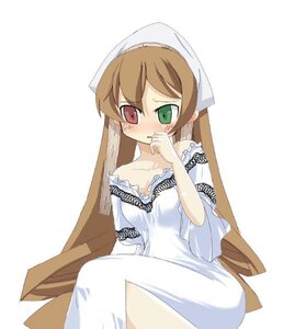 Rating: Safe Score: 0 Tags: 1girl blush brown_hair dress green_eyes head_scarf heterochromia image long_hair long_sleeves looking_at_viewer red_eyes simple_background sitting solo suiseiseki tears very_long_hair white_background white_dress User: admin