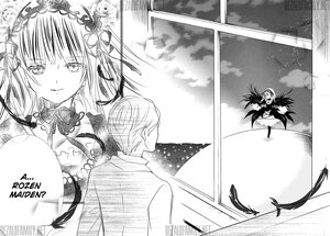 Rating: Safe Score: 0 Tags: 1boy 1girl comic dress feathers flower greyscale hairband image lolita_hairband long_hair monochrome sky smile solo suigintou wings User: admin