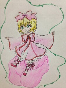 Rating: Safe Score: 0 Tags: 1girl blonde_hair blush bow colored_pencil_(medium) dress full_body green_eyes hair_bow hina_ichigo hinaichigo image leaf long_sleeves looking_at_viewer open_mouth outstretched_arms pink_bow pink_footwear plant ribbon short_hair smile solo standing traditional_media vines watercolor_(medium) User: admin