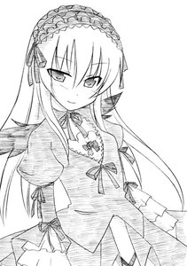 Rating: Safe Score: 0 Tags: 1girl detached_collar dress frills greyscale hairband image lolita_hairband long_hair long_sleeves looking_at_viewer monochrome ribbon simple_background smile solo suigintou white_background wings User: admin