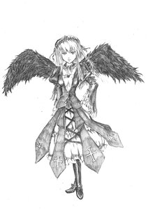 Rating: Safe Score: 0 Tags: 1girl boots breasts dress feathered_wings full_body greyscale hairband image long_sleeves looking_at_viewer monochrome solo standing suigintou wings User: admin