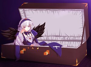 Rating: Safe Score: 0 Tags: 1girl black_wings detached_collar dress flower frills hairband image long_hair long_sleeves looking_at_viewer rose silver_hair sitting solo suigintou table wings User: admin