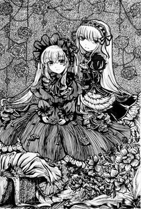 Rating: Safe Score: 0 Tags: 2girls bow dress flower frills greyscale hairband image long_hair long_sleeves looking_at_viewer monochrome multiple_girls pair rose shinku smile suigintou User: admin