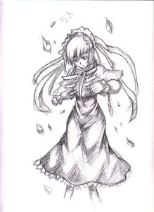 Rating: Safe Score: 0 Tags: 1girl apron dress graphite_(medium) image long_hair long_sleeves looking_at_viewer monochrome shinku simple_background solo traditional_media User: admin