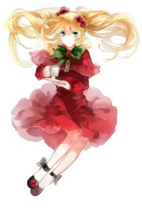 Rating: Safe Score: 0 Tags: 1girl blonde_hair blue_eyes bow capelet cup dress flower full_body hair_ornament image long_hair red_capelet red_dress rose shinku shoes solo striped teacup User: admin