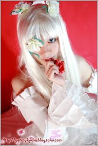 Rating: Safe Score: 0 Tags: 1girl bangs blue_eyes border flower kirakishou lips long_hair red_background rose solo white_flower User: admin