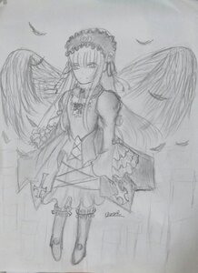 Rating: Safe Score: 0 Tags: 1girl bird boots closed_mouth dress feathered_wings feathers frills full_body greyscale hairband image long_hair long_sleeves looking_at_viewer monochrome ribbon rose solo standing suigintou traditional_media very_long_hair wings User: admin