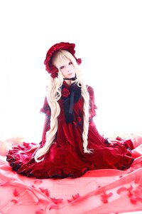 Rating: Safe Score: 0 Tags: 1girl blonde_hair blue_eyes bonnet dress flower long_hair long_sleeves red_dress red_flower red_rose rose shinku sitting solo User: admin