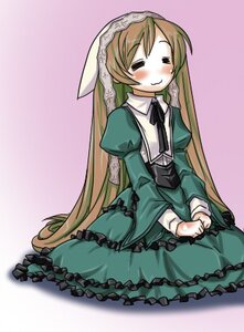 Rating: Safe Score: 0 Tags: 1girl blonde_hair blush brown_hair closed_eyes dress frills green_dress image juliet_sleeves long_hair long_sleeves puffy_sleeves sitting smile solo suiseiseki very_long_hair User: admin