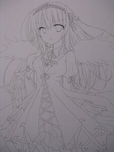 Rating: Safe Score: 0 Tags: 1girl breasts dress eyebrows_visible_through_hair feathered_wings frills greyscale hairband image juliet_sleeves lineart long_hair long_sleeves looking_at_viewer monochrome puffy_sleeves ribbon solo suigintou traditional_media very_long_hair wings User: admin
