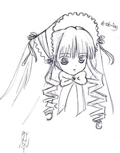 Rating: Safe Score: 0 Tags: 1girl bonnet bowtie drill_hair image long_hair looking_at_viewer monochrome shinku simple_background solo twin_drills umbrella upper_body white_background User: admin