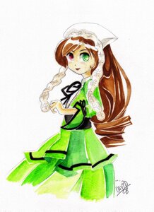Rating: Safe Score: 0 Tags: 1girl brown_hair dress drill_hair frills green_dress green_eyes heterochromia image long_hair long_sleeves looking_at_viewer red_eyes signature simple_background solo suiseiseki traditional_media twintails very_long_hair watercolor_(medium) white_background User: admin