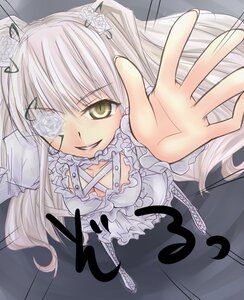 Rating: Safe Score: 0 Tags: 1girl dress eyepatch flower frills hair_ornament image kirakishou long_hair outstretched_hand rose smile solo white_rose yellow_eyes User: admin
