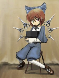 Rating: Safe Score: 0 Tags: 1girl blue_bow bow brown_background brown_footwear full_body hair_bow heterochromia image long_sleeves looking_at_viewer red_eyes red_hair ribbon scissors sekibanki shoes short_hair solo souseiseki standing weapon white_legwear User: admin