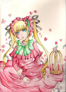 Rating: Safe Score: 0 Tags: 1girl blonde_hair blue_eyes bonnet bow bowtie dress flower green_bow green_neckwear hair_ribbon heart image long_hair long_sleeves looking_at_viewer petals pink_flower ribbon rose rose_petals shinku solo traditional_media twintails watercolor_(medium) User: admin