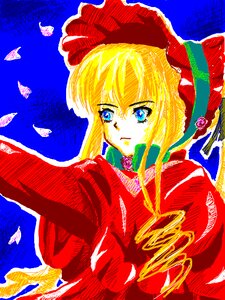 Rating: Safe Score: 0 Tags: 1girl bird blonde_hair blue_eyes bow bug butterfly flower image insect long_hair looking_at_viewer rose shinku solo User: admin