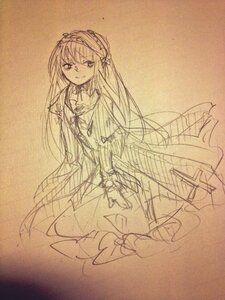 Rating: Safe Score: 0 Tags: 1girl dress hairband image long_hair long_sleeves looking_at_viewer monochrome simple_background sketch smile solo suigintou traditional_media User: admin