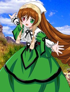 Rating: Safe Score: 0 Tags: 1girl :d brown_hair cloud day dress frills green_dress green_eyes head_scarf heterochromia image long_hair long_sleeves looking_at_viewer open_mouth outdoors red_eyes sky smile solo suiseiseki very_long_hair User: admin