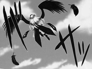 Rating: Safe Score: 0 Tags: 1girl bird cloud crow feathers flying greyscale image long_hair monochrome sky solo suigintou wide_sleeves wings User: admin