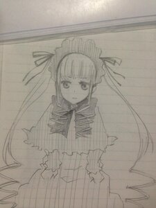 Rating: Safe Score: 0 Tags: 1girl bonnet dress image long_hair long_sleeves looking_at_viewer monochrome photo ribbon shinku sketch solo very_long_hair User: admin