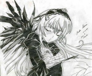 Rating: Safe Score: 0 Tags: 1girl closed_eyes closed_mouth dated dress flower frills greyscale hairband image long_hair long_sleeves monochrome ribbon rose signature solo suigintou traditional_media upper_body wings User: admin