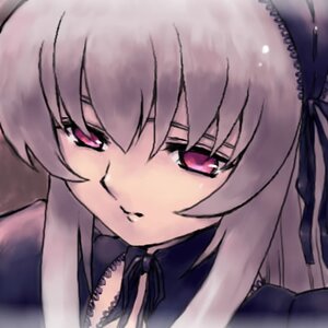 Rating: Safe Score: 0 Tags: 1girl black_ribbon close-up dress frills hairband image long_hair long_sleeves looking_at_viewer pink_eyes ribbon silver_hair simple_background solo suigintou upper_body User: admin