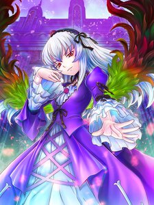 Rating: Safe Score: 0 Tags: 1girl dress feathers flower frilled_sleeves frills hairband image juliet_sleeves long_hair long_sleeves looking_at_viewer puffy_sleeves purple_dress red_eyes ribbon silver_hair solo stained_glass suigintou wings User: admin