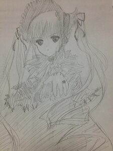 Rating: Safe Score: 0 Tags: 1girl dress frills greyscale image long_hair long_sleeves looking_at_viewer monochrome photo rose shinku simple_background sketch solo traditional_media twintails very_long_hair User: admin