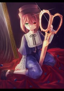 Rating: Safe Score: 0 Tags: 1girl brown_hair capelet dress green_eyes hat heterochromia image long_sleeves looking_at_viewer petals red_eyes short_hair sitting solo souseiseki User: admin