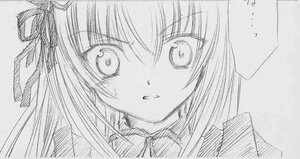 Rating: Safe Score: 0 Tags: 1girl eyebrows_visible_through_hair greyscale hair_ribbon image long_hair looking_at_viewer monochrome ribbon solo suigintou User: admin